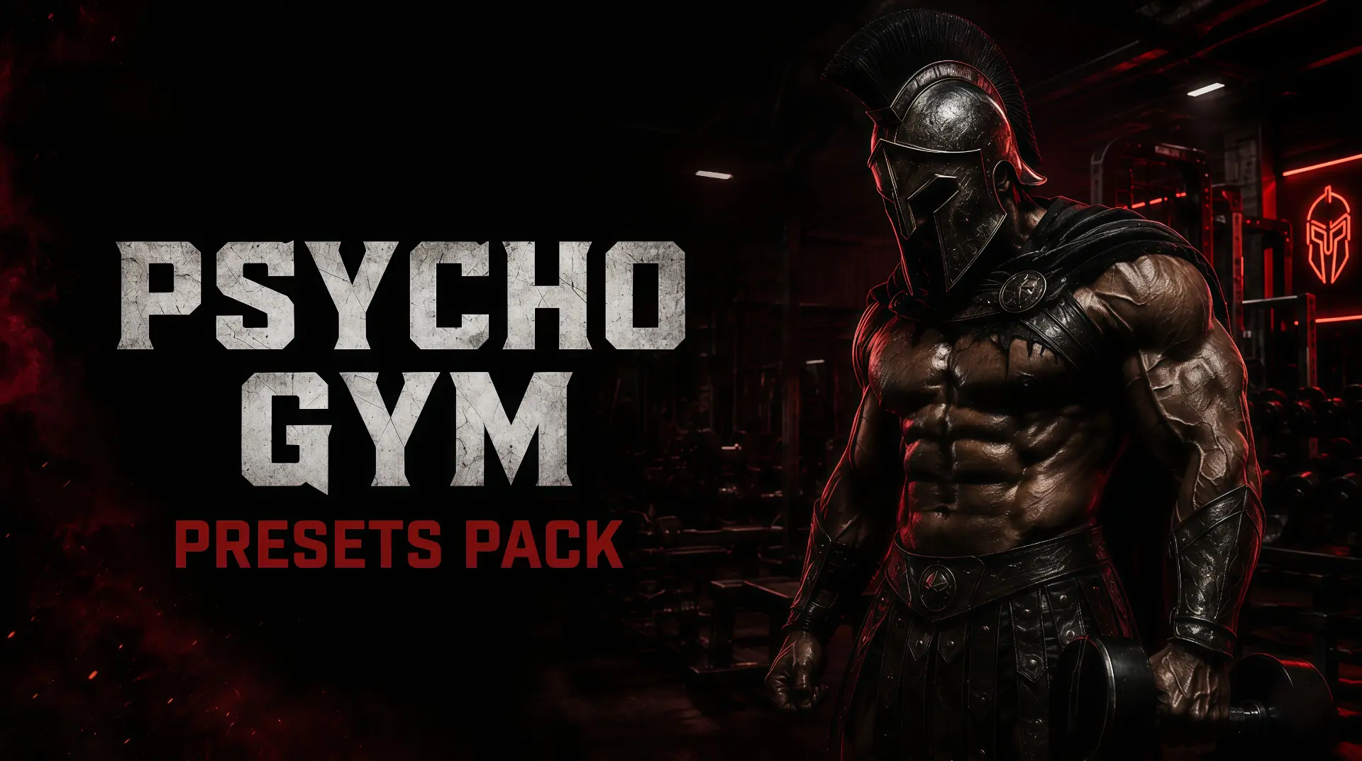 Psycho Gym — guerreiro gladiador em academia sombria com iluminação vermelha neon